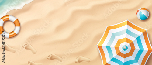 Illustration of a sunny beach with a striped umbrella, sandy footprints, and a lifebuoy. Vibrant blue and orange colors. Represents relaxation and summer fun.