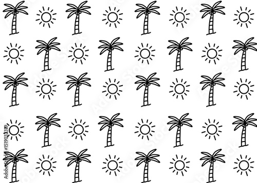 summer background illustration pattern with line art, apparel packaging, coconut and sun, summer illustration hand drawn print ads, fashion business, textile