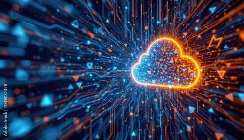 create a digital art piece featuring a data cloud storage network designed with lines, triangles, and particles in the particle style