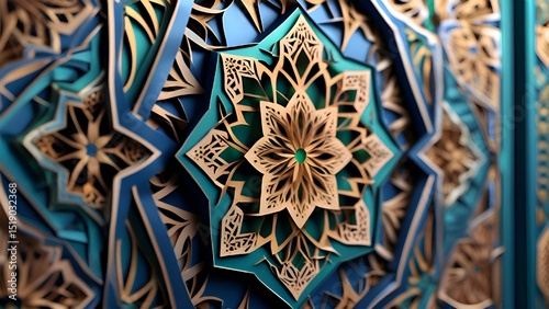 Mandala, layered, intricate, geometric, ornate, blue, teal, gold, metallic, three-dimensional, decorative, abstract, pattern, luxury, elegant, traditional, craft, detailed, texture.
