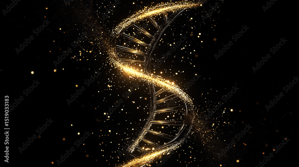 Obraz premium Golden DNA strand with glowing particles on a dark background.