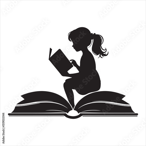 Girl Sitting on a Book - Minimalist Silhouette Design , black colour vactor 
