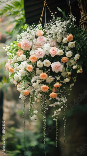 Hanging floral arrangement with peach, white, and light pink roses and greenery
