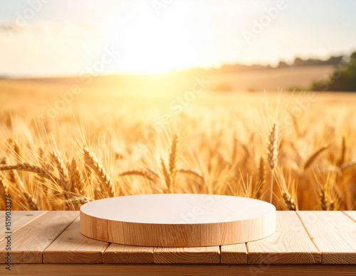 Empty Wooden Table and Podium with Blurred Wheat Field Background for Shavuot Holiday


