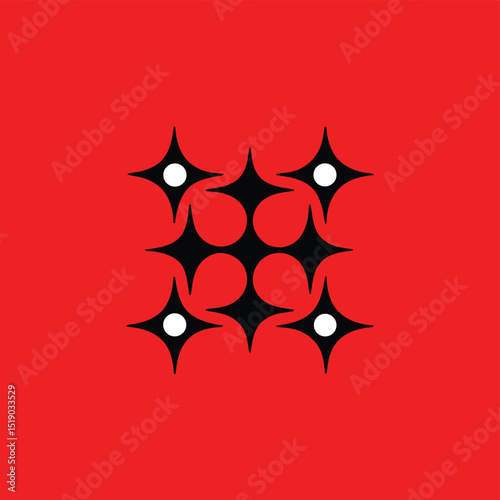 Geometric arrangement of black shapes with white dots on a red background