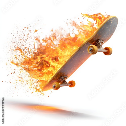 a skateboard caught mid-air surrounded by blazing fire trails and motion sparks isolated on white background