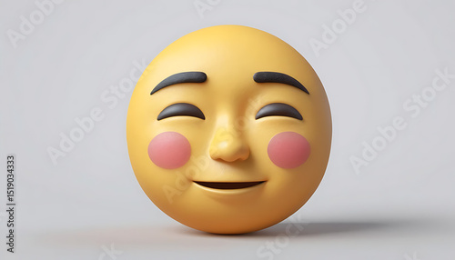 Contented 3D Emoji Face with Closed Eyes and Subtle Smile, Peaceful Yellow Emoticon with Blushed Cheeks and Gentle Expression, Serene Digital Icon for Calmness and Relaxation