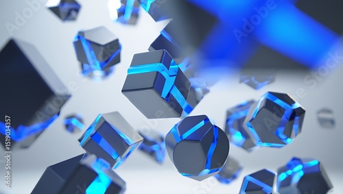 Floating abstract cubes with blue glowing lines in a futuristic and modern arrangement design concept
