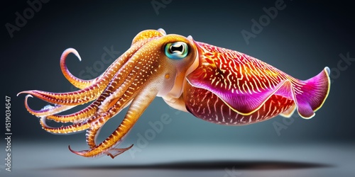 Vibrant colorful cuttlefish with tentacles in a dark aquatic setting