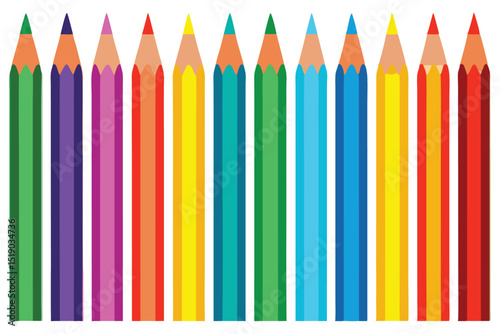 Row of Colorful Pencils in a Variety of Colors on White Background