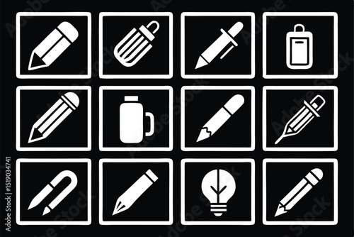 Black and white icon set of writing and drawing tools