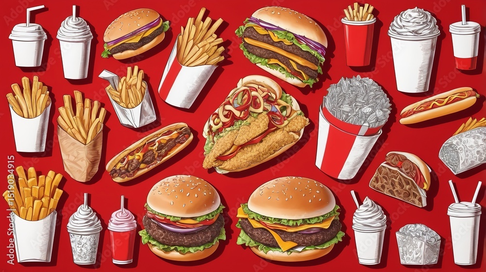 Different fast food on a red background. Different fast food on a red background.