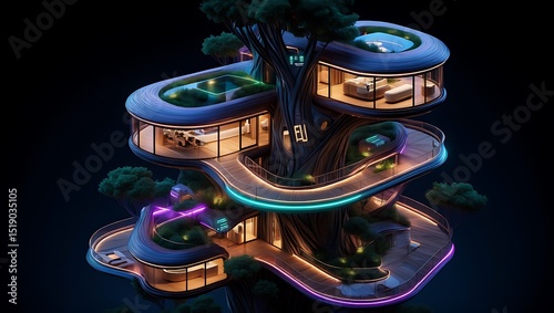 A futuristic treehouse with multiple levels and neon lighting against a dark background at nighttime