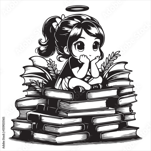 Girl Sitting on a Book - Minimalist Silhouette Design , black colour vactor 