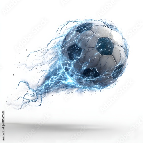 motion-blurred soccer ball with glowing blue sparks flying through air in suspended action isolated on white background
