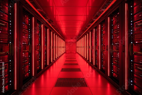 Red illuminated server room hallway with rows of servers and floor vents in a symmetrical view