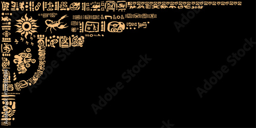 Fragments of the ancient Mayan calendar. Vector illustration on black background.
Images of characters of ancient American Indians.The Aztecs, Mayans, Incas.