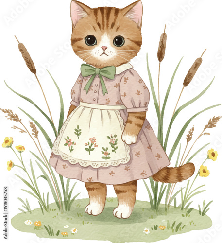 Watercolor Cute Kitten Wearing Dress Surrounded by Flowers Illustration