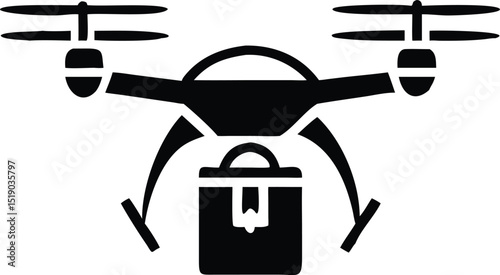 Black silhouette design of autonomous drone delivering packages with transparency effects