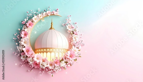 Eid Post A glowing 3D mosque dome with watercolor textures