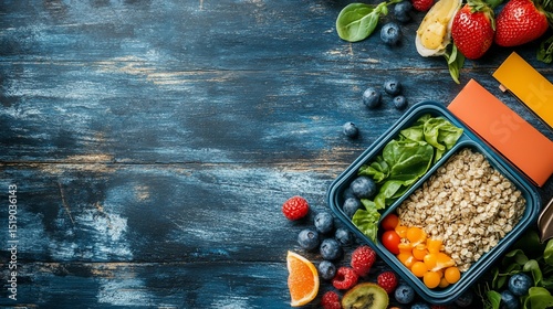 Healthy lunch box with quinoa, berries, and spinach.  Plenty of space for text