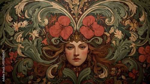 exhibition visual identity | divine womanhood | sacred femininity | earthy green and crimson | mandorla framing | jewelry patterns | patterned hair locks | ornamental detailing | aestheticism in