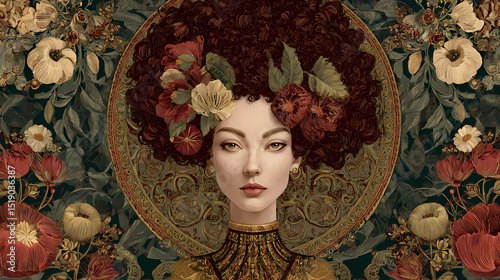 exhibition visual identity | divine womanhood | sacred femininity | earthy green and crimson | mandorla framing | jewelry patterns | patterned hair locks | ornamental detailing | aestheticism in