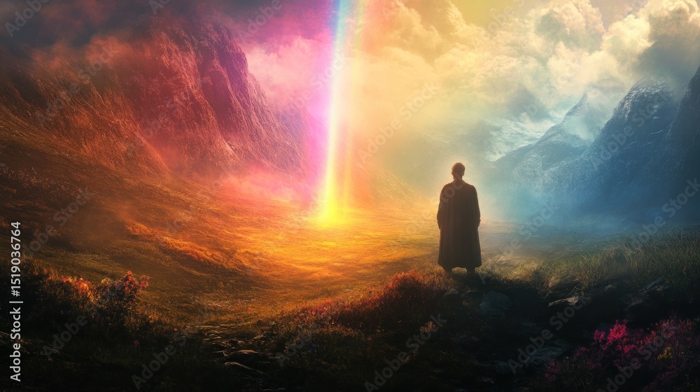 Fototapeta premium A figure stands at a vibrant rainbow chasm, between two landscapes