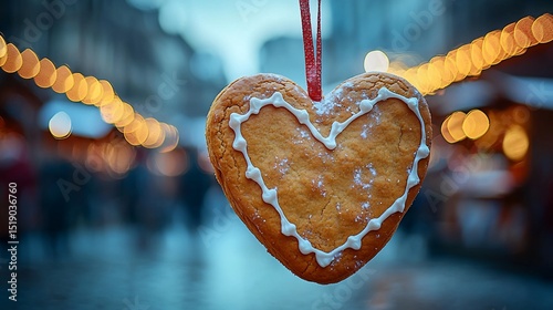 Heart-shaped gingerbread cookie, powdered sugar, hanging, festive market background