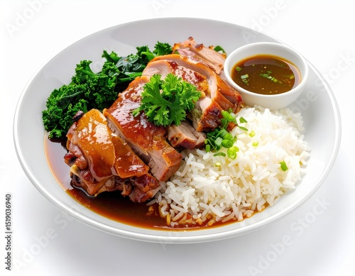 Delicious glazed chicken served with steamed rice and a side of healthy green leafy kale and savory dark sauce is a perfect balanced meal.