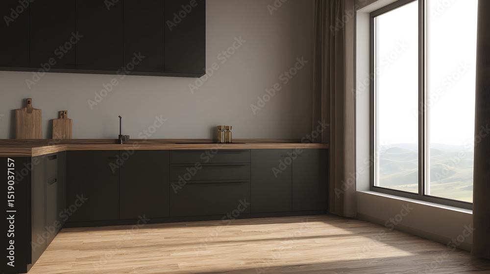 Fototapeta premium Modern kitchen with black cabinets and wooden floors, showcasing minimalist elegance and natural warmth.