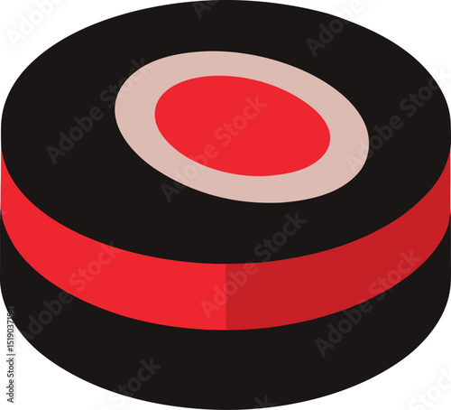 This vintage black and red vinyl record illustration with a camera lens bulls-eye is an iconic symbol of audio success