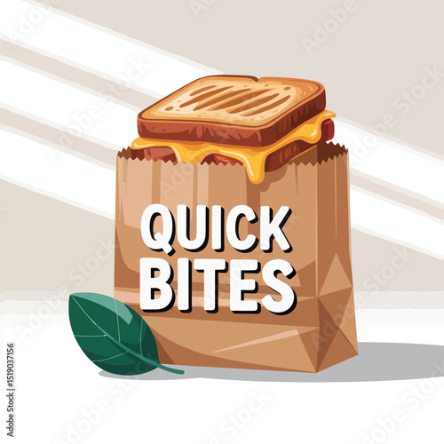 Cartoon illustration of quick bites concept featuring a grilled cheese sandwich and a brown paper bag ideal for food and restaurant branding