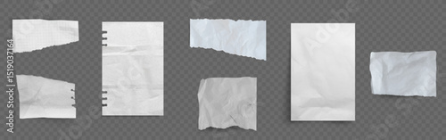 Old paper sheets set isolated on transparent background. Vector realistic illustration of blank torn and wrinkled notebook pages, pieces of crease white memory notes, uneven edges, scrap notepaper