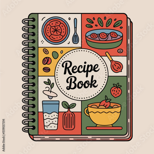Colorful illustrated recipe book cover with diverse food elements and handwritten text for cookbook design and culinary content