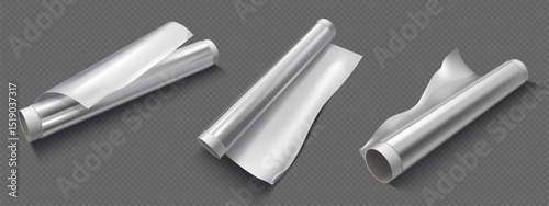 Aluminum foil rolls set isolated on transparent background. Vector realistic illustration of silver paper sheets in tube for cooking, kitchen wrap for food baking, industrial packaging material coil