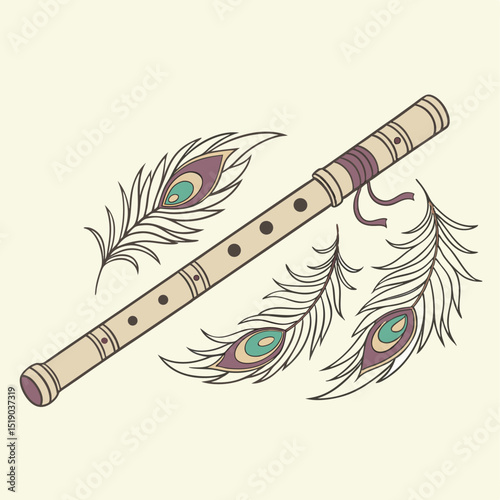 Hand-drawn wooden flute with peacock feather decoration
