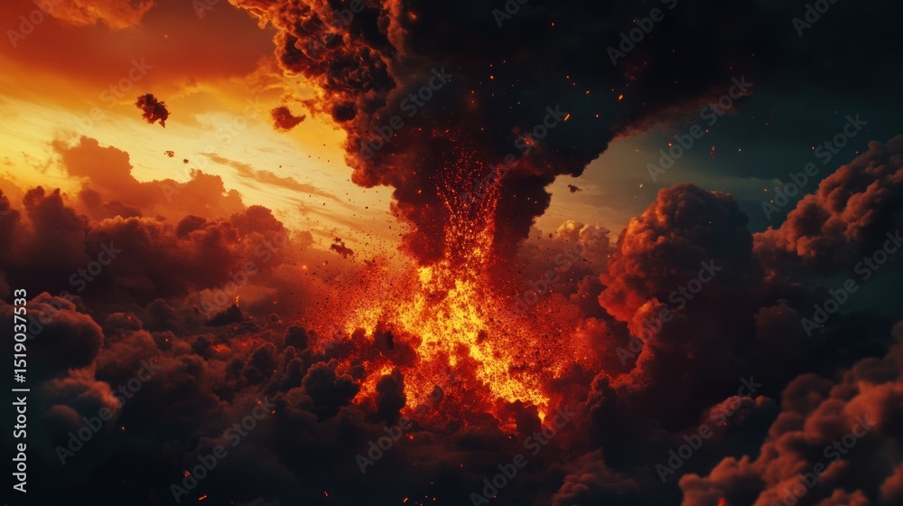 Fototapeta premium Fiery eruption, clouds of smoke