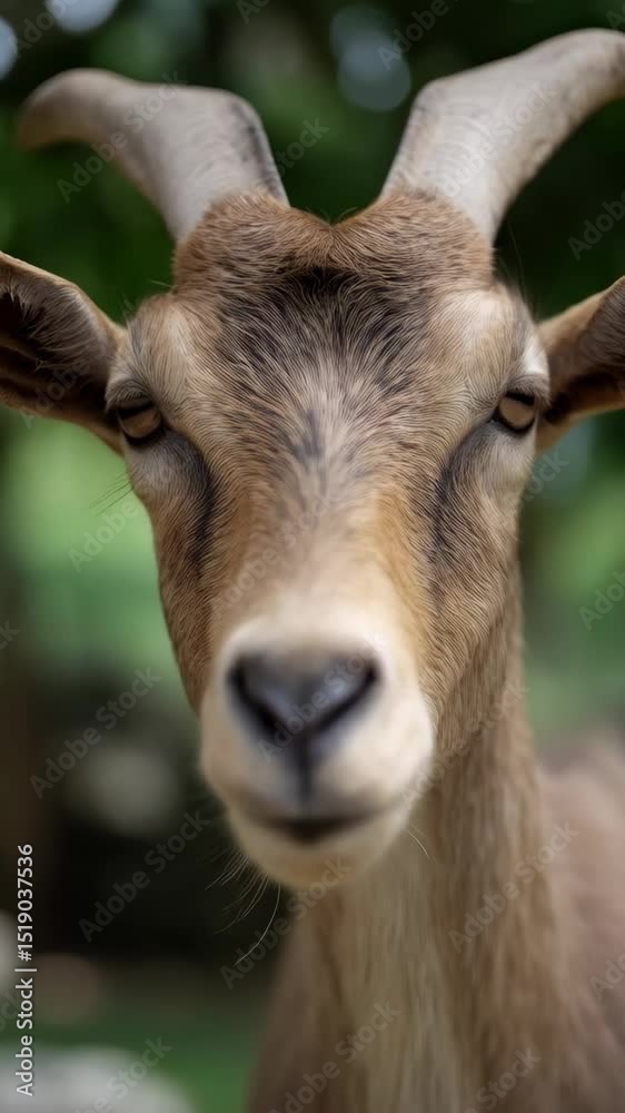 Close-up portrait of a Markhor goat head with curved horns and neutral expression in natural outdoor green foliage environment. Close-up portrait of a Markhor goat head with curved horns and neutral expression in natural outdoor green foliage environment.