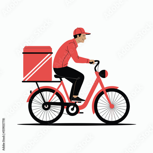 Courier delivering food on a red bicycle illustration depicting fast food delivery service with a happy smiling delivery person