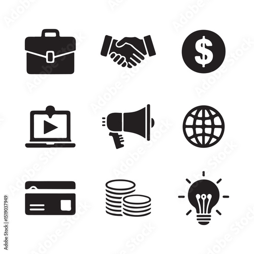 A set of nine black and white business icons, suitable for representing key elements of global business growth vector art on white
