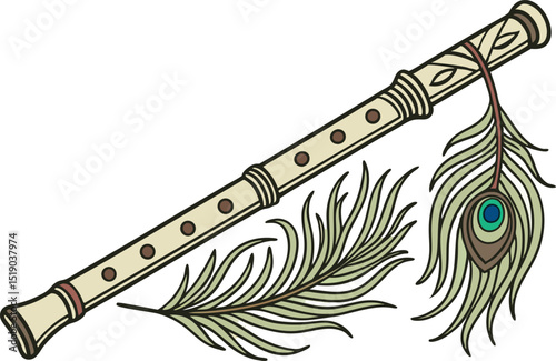 Hand-drawn wooden flute with peacock feather decoration
