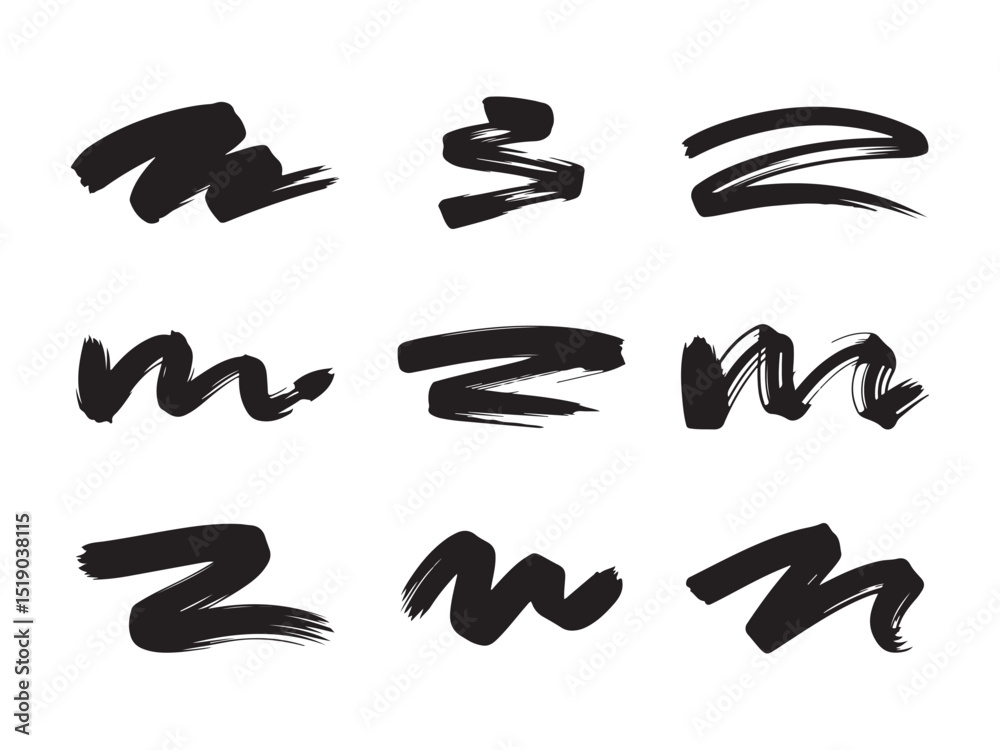 A set of nine diverse brush stroke designs in a bold, black ink style vector art on white