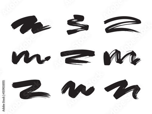 A set of nine diverse brush stroke designs in a bold, black ink style vector art on white