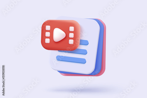 3D media data with video and photo gallery library. Searching image and video files in database. Document management soft, document form, compound docs concept. 3d file icon vector render illustration