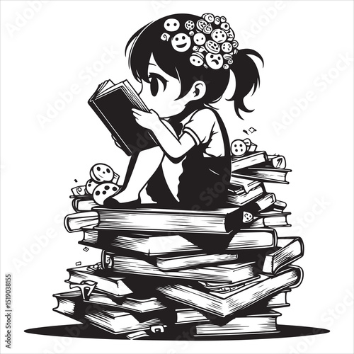 Girl Sitting on a Book - Minimalist Silhouette Design , black colour vactor 