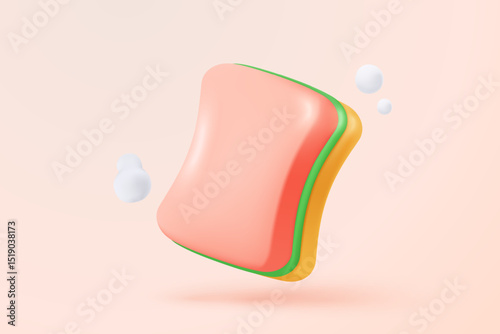 3D sponge wash icon signs with soapy foam cleaning service. Washing sponge in kitchenware scouring pads. Kitchen and bath cleanse tool accessories. 3d brushing hygiene icon vector render illustration