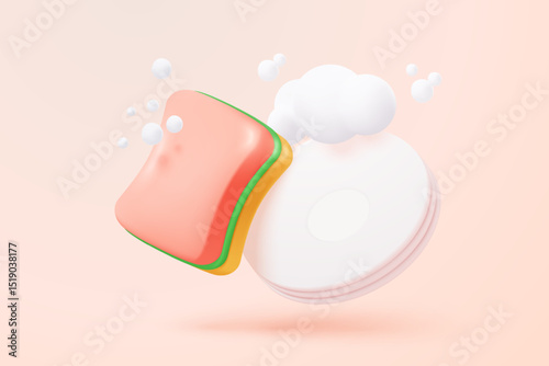 3D sponge wash icon signs with soapy foam cleaning service. Washing sponge in kitchenware scouring pads. Kitchen and bath cleanse tool accessories. 3d brushing hygiene icon vector render illustration