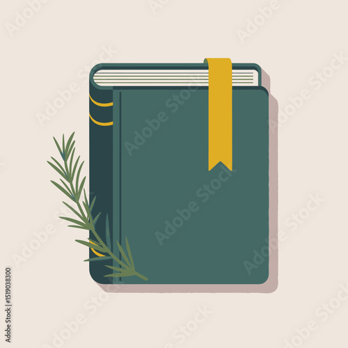 Flat design illustration of a green book with a yellow bookmark and rosemary sprig perfect for education and lifestyle concepts.