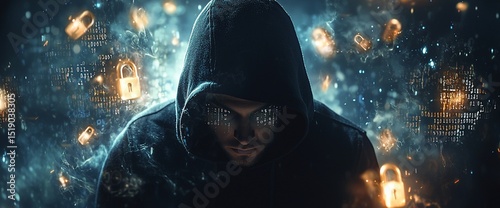 Hooded figure, enigmatic gaze, surrounded by glowing digital locks and code.  Cybersecurity concept